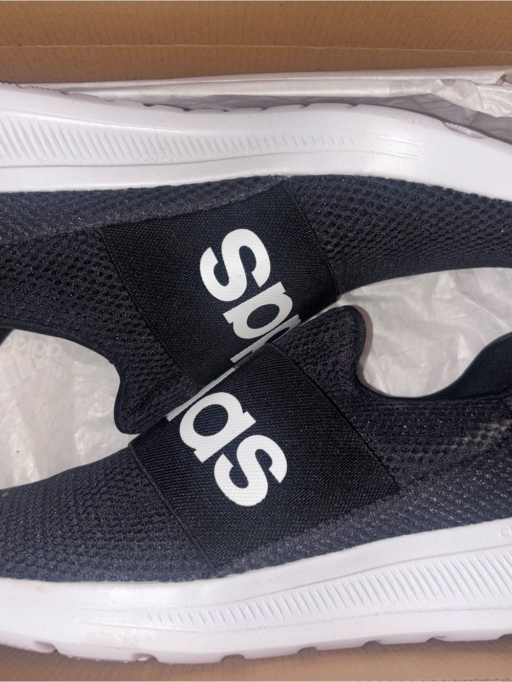adidas Black Knit Slip-On Sneaker with White Insole Lettering